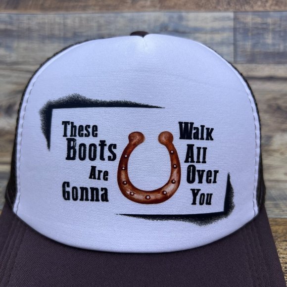 These Boots Are Made for Walkin' Mens Trucker Hat Brown Snapback Dolly Parton - Picture 3 of 8